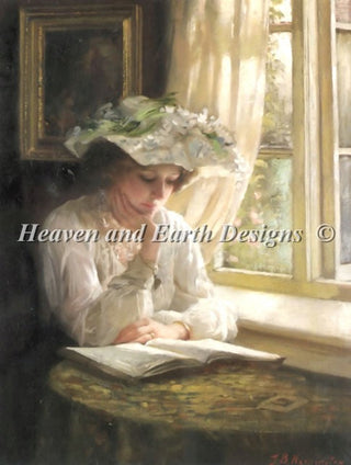 Lady Reading By Window FULL COVERAGE Cross Stitch Pattern by Heaven and Earth Designs - Premium Pattern, Cross Stitch from Heaven and Earth Designs - Just $23! Shop now at Crossed Hearts Needlework & Design