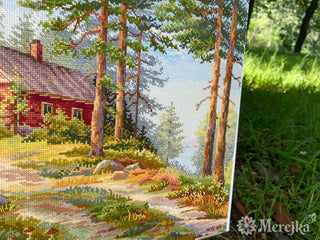 Red Cabin In The Woods Needlecraft Kit by Merejka *NEW* - Premium Needlecraft Kit from Merejka - Just $93! Shop now at Crossed Hearts Needlework & Design