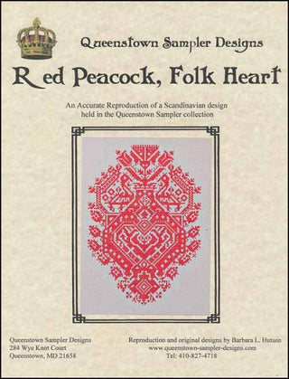 Red Peacock, Folk Heart Cross Stitch Pattern by Queenstown Sampler Designs - Premium Pattern, Cross Stitch from Queenstown Sampler Designs - Just $12! Shop now at Crossed Hearts Needlework & Design